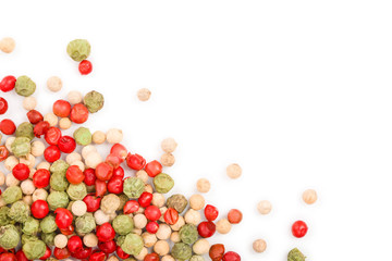 Mixed of peppercorn red white and green pepper isolated on white background with copy space for your text. Top view