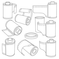 set of hand drawing the film in the cassette and 35mm film rolls