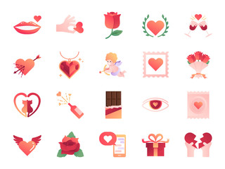 Valentine’s day colors icon set. Included the icons as Valentine, love, cupid, heart, couple, relationship, dating and more.
