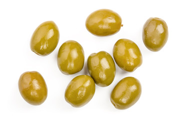 Green olives isolated on a white background. Top view. Flat lay