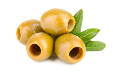 Green olives with leaves isolated on a white background