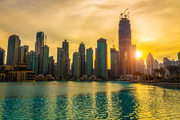 Fototapeta na wymiar Dubai, UAE - November 28, 2018: Downtown Dubai district. View of the singing fountains.