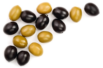 Green and black olives isolated on a white background with copy space for your text. Top view. Flat lay