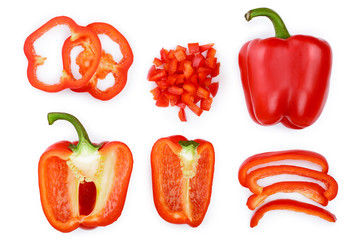 red sweet bell pepper isolated on white background. Top view. Flat lay. Set or collection