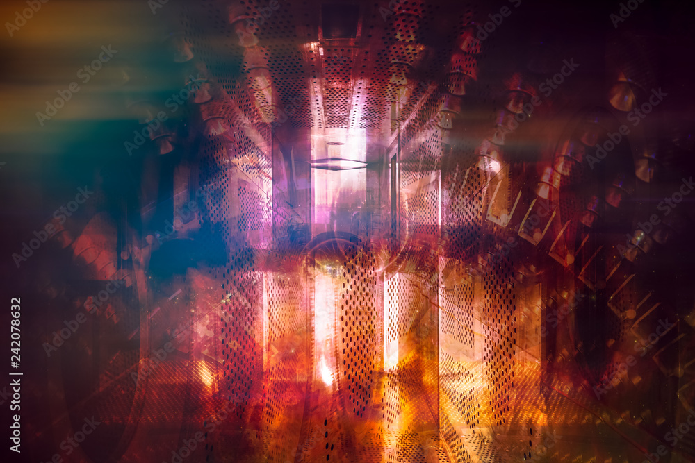 Poster futuristic design in the form of a space design structure with flame and tunnel doors. techno backgr