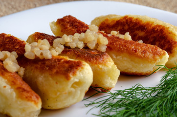 Fried cheese and kefir sticks served in white plate. Made from cheese, flour and kefir. Close up.