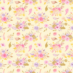 Fototapeta na wymiar Watercolor seamless pattern with roses, leaves, flowers branches. Texture with gold and pink for wedding, romantic design, valentine's day, packaging, wallpaper, scrapbooking.
