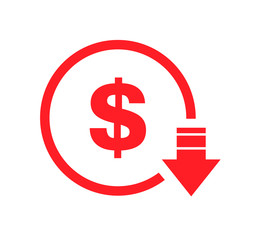 Cost reduction- decrease dollar icon. Vector symbol image isolated on background .
