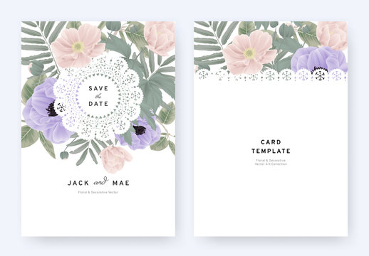 Floral wedding invitation card template design, pink and purple anemone flowers and leaves with lace frame on white background, pastel vintage theme