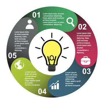 5 steps vector element in five colors with labels, infographic diagram. Business concept of 5 steps or options with light bulb