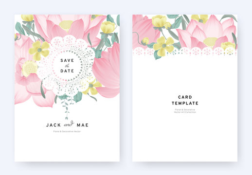 Floral wedding invitation card template design, pink lotus flowers and leaves with lace frame on white background, pastel vintage theme