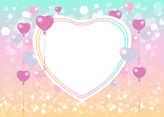 Bright Valentines Day Card with hearts balloons and blurred soft focus bokeh of pink and yellow and blue background with tinsel, copy space template. Vector illustration for web and print