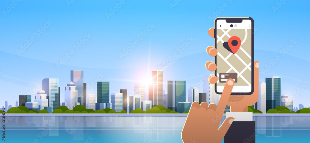 Poster hand holding cell phone using online mobile map application gps navigation concept over modern city 