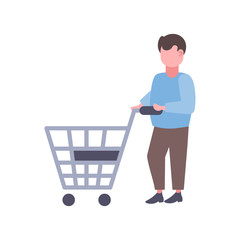 man holding trolley cart buying products big shopping concept supermarket customer male cartoon character full length flat isolated