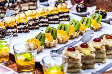 Close up delicious dessert pastry cakes Fresh colourful sweet berry desserts, beautifull decorated in Egypt Makadi Bay