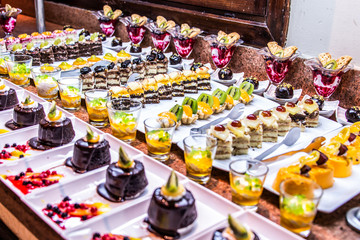 Close up delicious dessert pastry cakes Fresh colourful sweet berry desserts, beautifull decorated in Egypt Makadi Bay
