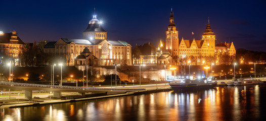 Panoramic view of Szczecin (Stettin) City at night - obrazy, fototapety, plakaty