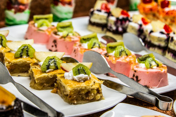 Close up delicious dessert pastry cakes Fresh colourful sweet berry desserts, beautifull decorated in Egypt Makadi Bay