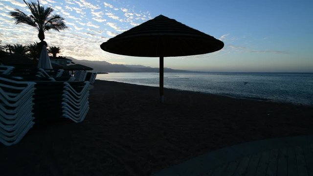Morning at the central public beach in Eilat - famous resort and recreational city in Israel