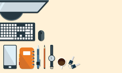 Illustration of office desk and stationary in flat style top view