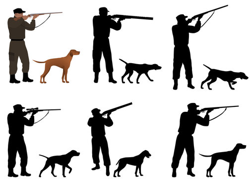 Collection of silhouettes of hunters with dogs