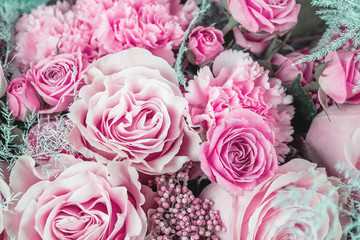 Flowers bouquet closeup. Decoration made of roses , carnation and decorative plants.