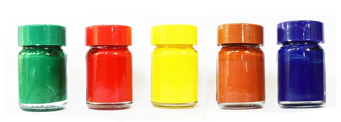 Colorful poster color bottles isolated on white background, Art equipment and tool
