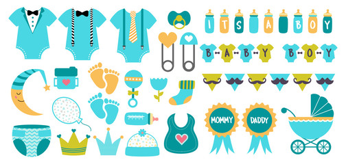 Baby shower icon vector set  pastel blue colors