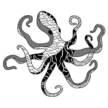Black and white octopus silhouette with patterns. Isolated on white background.