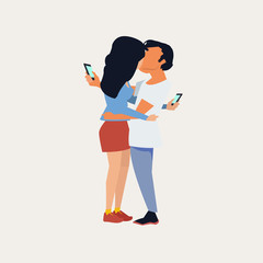 Smart phone addiction concept. couple kiss together while using phone - vector