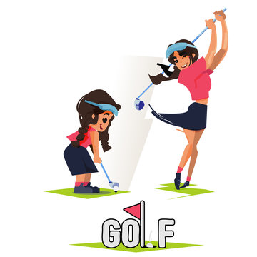 Girl And Her Future As Golf Player In Swing Sequence. Then And Now Concept. What Do You Want To Be When You Grow Up.  Dreaming To Be A Golf Player - Vector