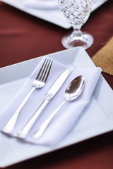 cutlery on napkin on empty plate