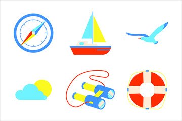 Holiday vacation beach elements flat style design set. Compass, sailboat, seagull, sun, cloud, binoculars, life buoy signs icons - symbols of season exotic vacations isolated on white background.