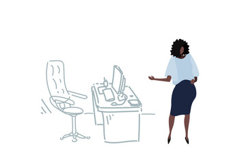 african american businesswoman pointing modern workplace female boss or secretary cartoon character full length office interior sketch doodle horizontal