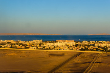 Aerial view on Hurghada city from the airplane