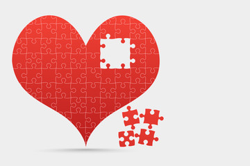 Red pieces puzzle of romantic heart. One piece.