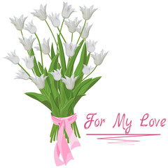Fototapeta na wymiar bouquet of white tulips isolated with an inscription for my love