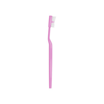 Pink plastic toothbrush with soft white bristles. Oral hygiene instrument. Teeth care theme. Flat vector icon