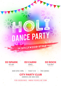 Holi dance party template or flyer design with time, date and venue details.