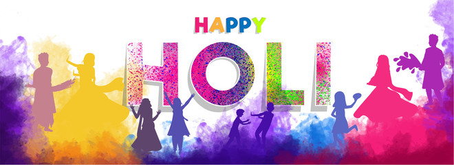 Creative text holi with people celebrating holi festival on watercolor splash background. Indian festival of colors celebration header or banner design.