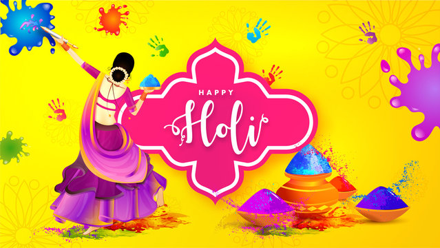 Indian festival of colors celebration poster or banner design, dancing character of woman with color pots for Holi celebration.