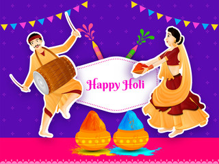 Happy Holi poster or banner design, dancing couple character with color pots on purple background.
