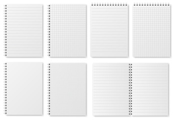 Notebook paper sheets. Sketchbook blank pages with variety of lines and dots. Notepad vector isolated mockup. Illustration of notebook and notepad, note sheet document