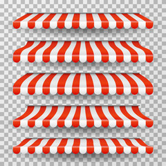Store awning. Grocery market striped roofs. Red and white shop canopy. Restaurant window tent vector isolated set. Awning market striped for store and shop illustration © MicroOne