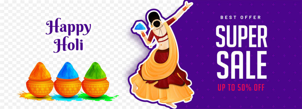 Super sale header or banner design with illustration of dancing girl  character and 50% discount offer for Holi festival celebration concept.  Stock Vector | Adobe Stock