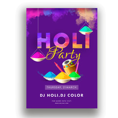 Holi party flyer or invitation card design with festival elements and date, time and venue details.