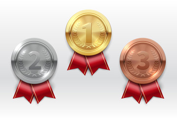 Gold silver bronze medals. Champion winner award metal medal. Honor badges realistic isolated vector set. Medal bronze, silve and gold for championship prize illustration - obrazy, fototapety, plakaty
