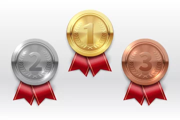Fotobehang Gold silver bronze medals. Champion winner award metal medal. Honor badges realistic isolated vector set. Medal bronze, silve and gold for championship prize illustration © MicroOne