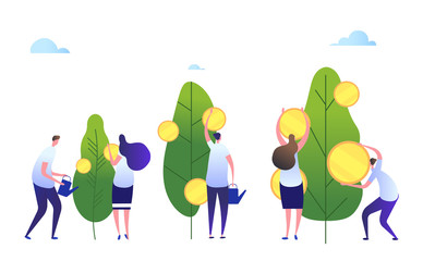 Money growth concept. Cartoon people cultivate company. Cash profit, investment growing wealth business concept. Illustration of growth finance and investment cash money
