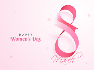 Glossy pink ribbon arranged in text eight on glossy pink background. Happy Women's Day poster greeting card design.
